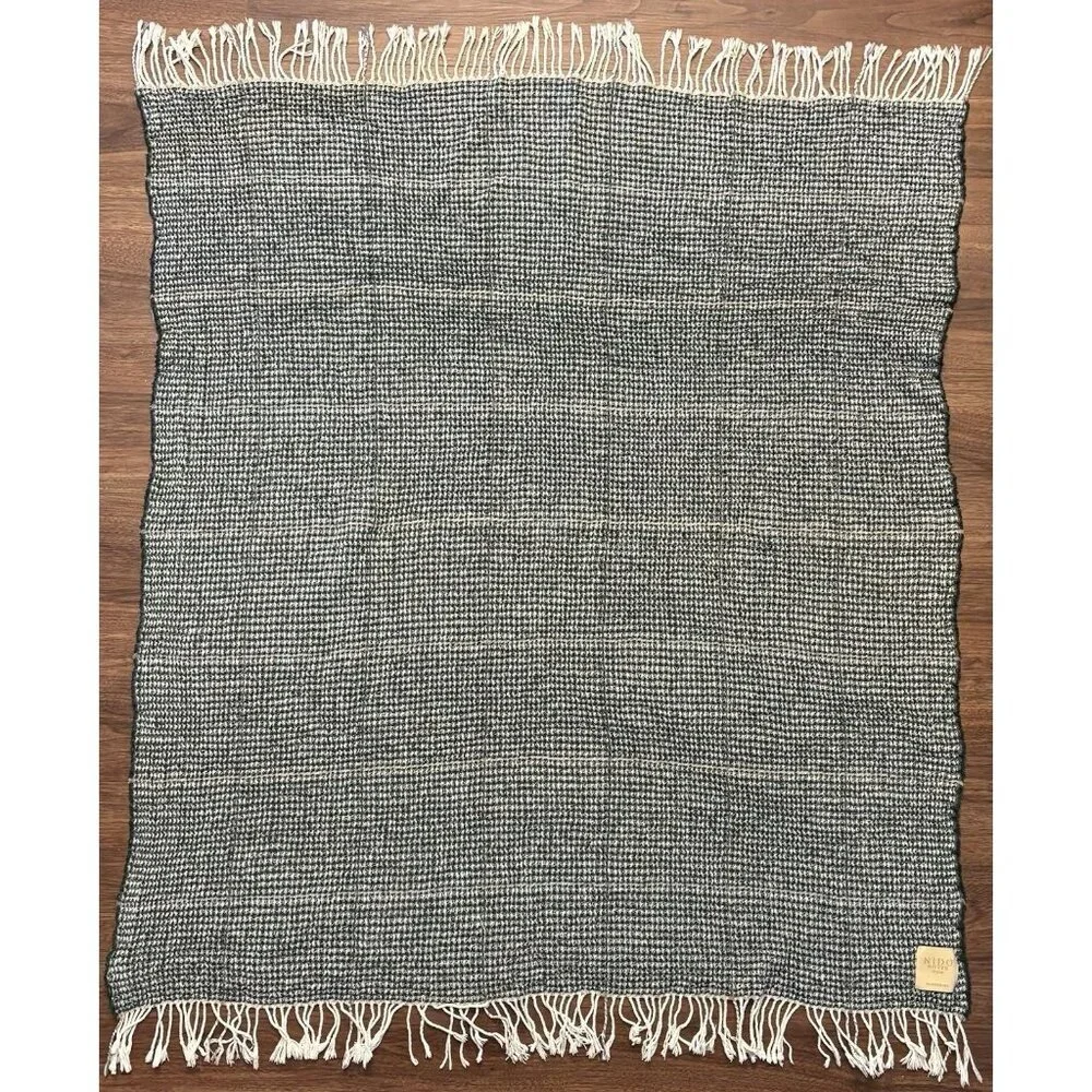 Nido Notte Italia Woven‎ Throw Blanket Dark Green Cream Fringe Made in Italy